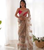 Beige color butterfly net fabric designer thread embroidery work ceremonial saree