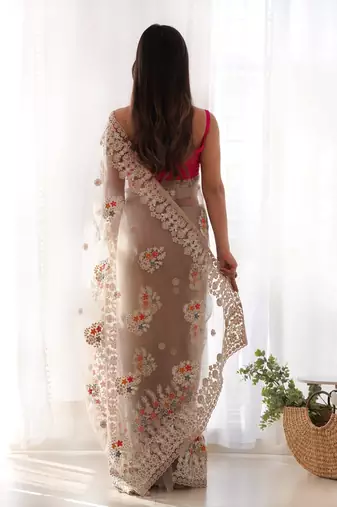 Beige butterfly net thread embroidery work ceremonial saree