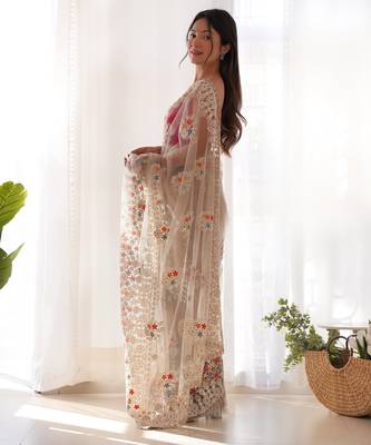 Beige butterfly net thread embroidery work ceremonial saree 4