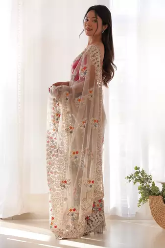 Beige butterfly net thread embroidery work ceremonial saree