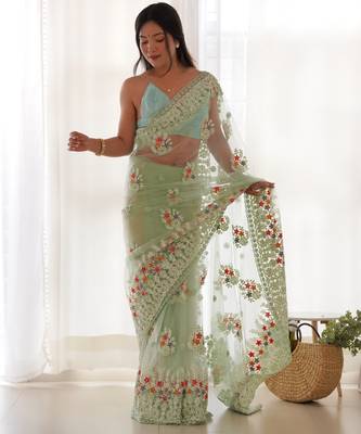 Pista butterfly net thread embroidery work ceremonial saree 1