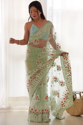 Pista color butterfly net fabric designer thread embroidery work ceremonial saree