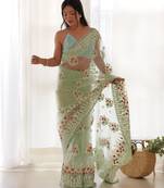 Pista color butterfly net fabric designer thread embroidery work ceremonial saree