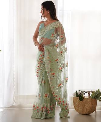 Pista butterfly net thread embroidery work ceremonial saree 4