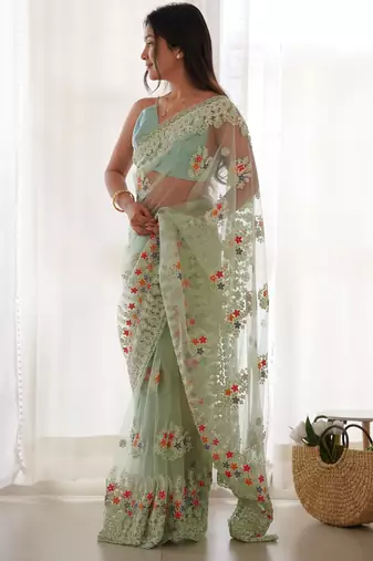 Pista butterfly net thread embroidery work ceremonial saree