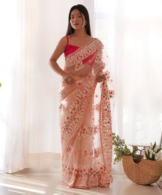 Peach butterfly net thread embroidery work ceremonial saree 1