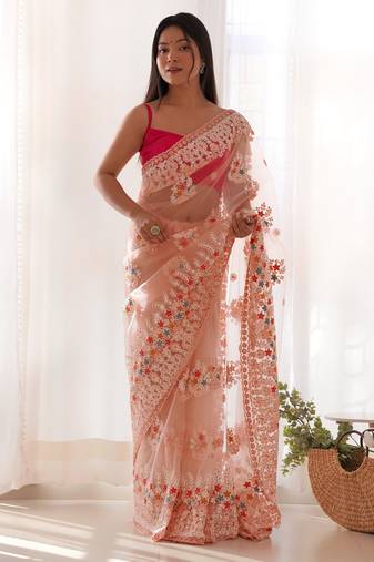 Peach color butterfly net fabric designer thread embroidery work ceremonial saree