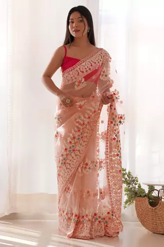 Peach color butterfly net fabric designer thread embroidery work ceremonial saree