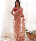 Peach color butterfly net fabric designer thread embroidery work ceremonial saree