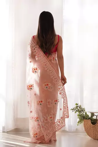 Peach butterfly net thread embroidery work ceremonial saree