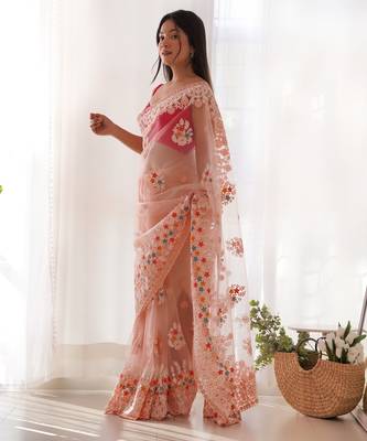 Peach butterfly net thread embroidery work ceremonial saree 4
