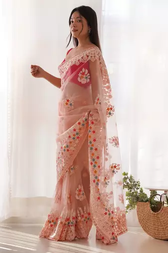 Peach butterfly net thread embroidery work ceremonial saree
