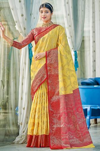 Yellow color beautiful woven designer linen cotton fabric saree