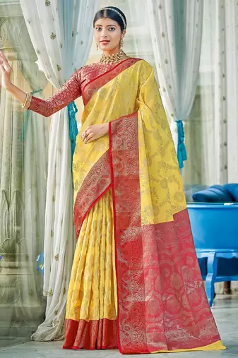 Yellow color beautiful woven designer linen cotton fabric saree