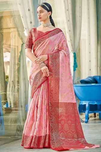 Light pink color beautiful woven designer linen cotton fabric saree