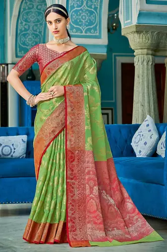 Light green color beautiful woven designer linen cotton fabric saree
