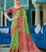 Light green color beautiful woven linen cotton fabric saree