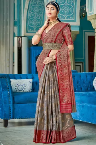 Grey color beautiful woven designer linen cotton fabric saree