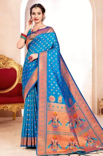 Blue color paithani silk woven designer ceremonial rich looks saree