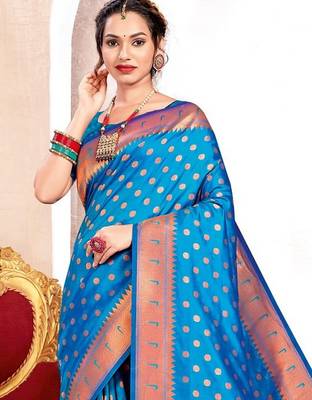 Blue paithani silk blend woven ceremonial rich looks saree 2