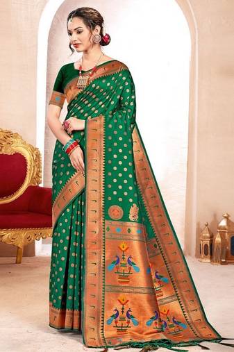 Green color paithani silk woven designer ceremonial rich looks saree