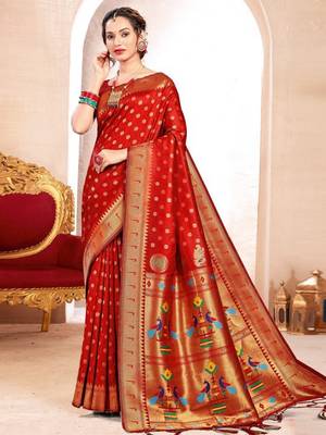 Red paithani silk blend woven ceremonial rich looks saree 1