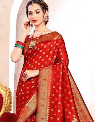 Red paithani silk blend woven ceremonial rich looks saree 2