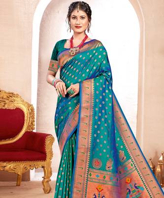 Sea green paithani silk blend woven ceremonial rich looks saree 1