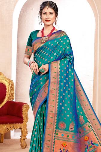 Sea green color paithani silk woven designer ceremonial rich looks saree