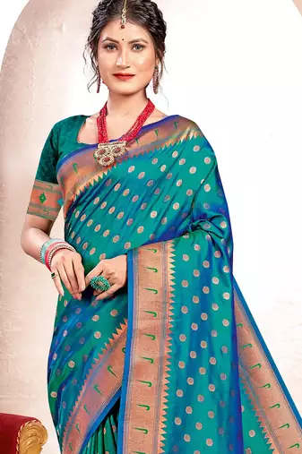 Sea green paithani silk blend woven ceremonial rich looks saree