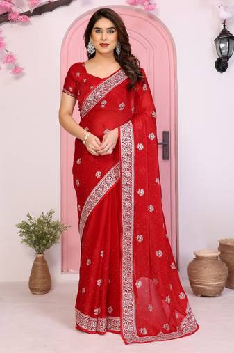 Red color frendy chiffon fabric designer embroidery and swarovski work partywear saree