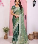 Green color frendy chiffon fabric designer embroidery and swarovski work partywear saree