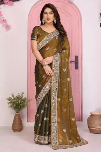 Brown color frendy chiffon fabric designer embroidery and swarovski work partywear saree