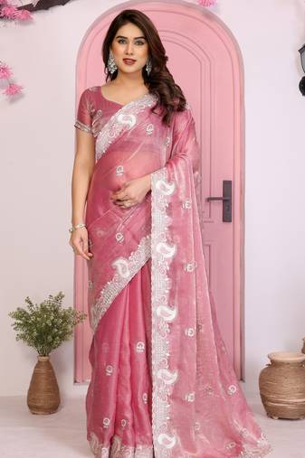 Pink color frendy chiffon fabric designer embroidery and swarovski work partywear saree