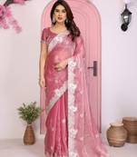 Pink color frendy chiffon fabric designer embroidery and swarovski work partywear saree