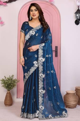 Blue color frendy chiffon fabric designer embroidery and swarovski work partywear saree