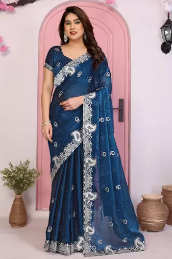 Blue color frendy chiffon fabric designer embroidery and swarovski work partywear saree