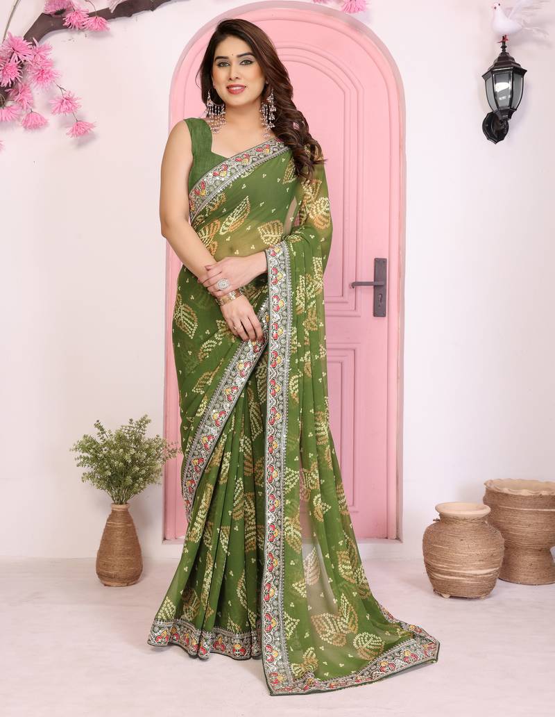 Green color beautiful printed georgette saree with embroidered lace border