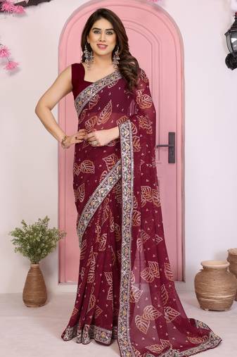 Wine color beautiful printed georgette saree with embroidered lace border