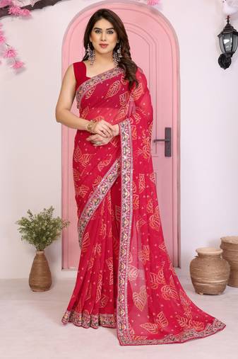 Pink color beautiful printed georgette saree with embroidered lace border