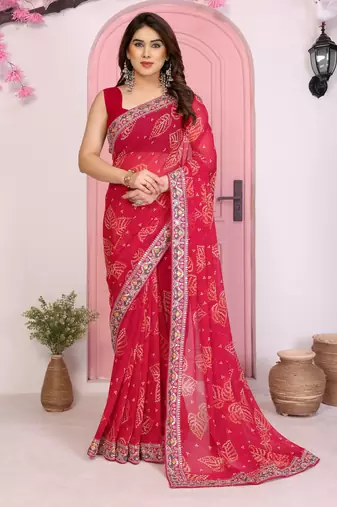 Pink color beautiful printed georgette saree with embroidered lace border