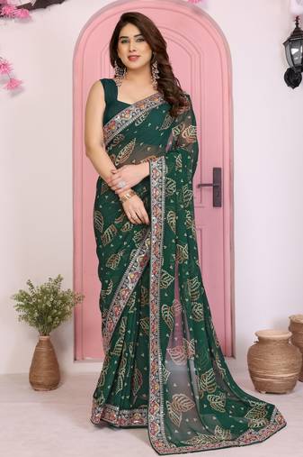 Teal color beautiful printed georgette saree with embroidered lace border
