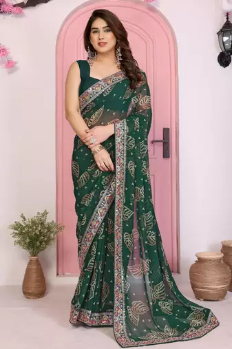 Teal color beautiful printed georgette saree with embroidered lace border