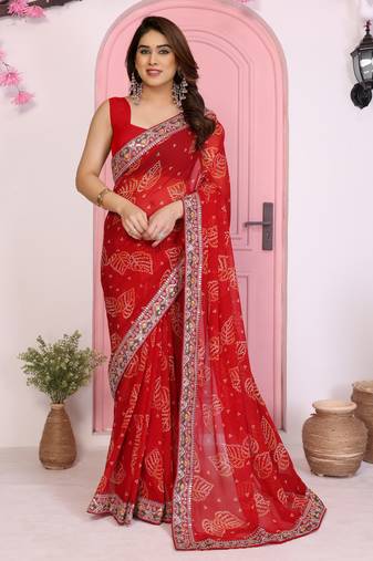 Maroon color beautiful printed georgette saree with embroidered lace border