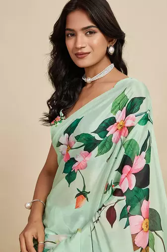 Sea green chinon printed partywear saree