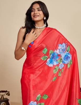 Red chinon printed partywear saree 3