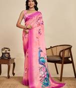 Peach color chinon fabric printed partywear saree