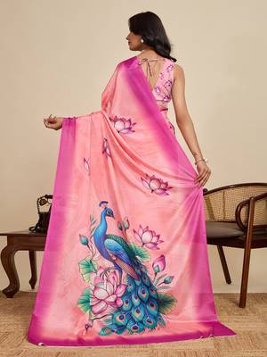 Peach chinon printed partywear saree 2