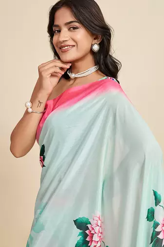 Sky blue chinon printed partywear saree