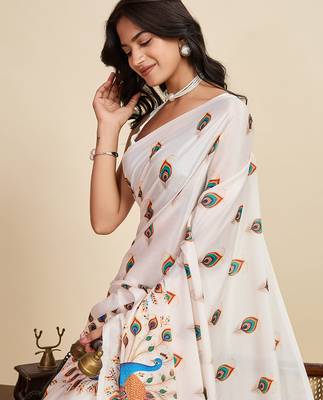 Off white chinon printed partywear saree 3